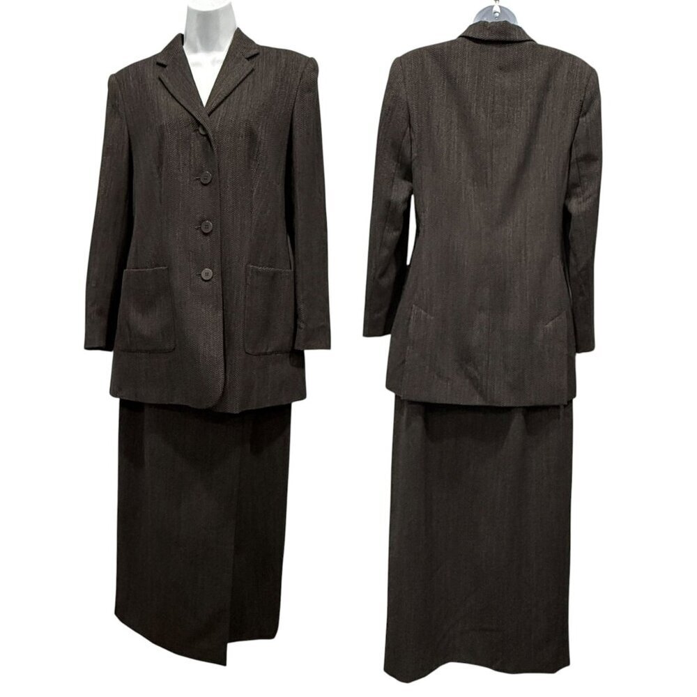 VTG Jaeger 2 PC Wool Maxi Skirt Suit Herringbone Career Academia Retro Size 6